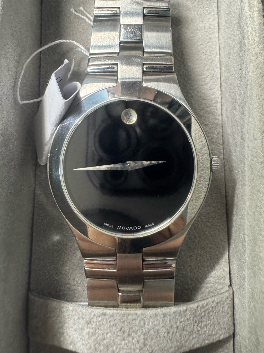 119 Movado Mens Stainless Steel Watch With Black Dial And Silver Bracelet